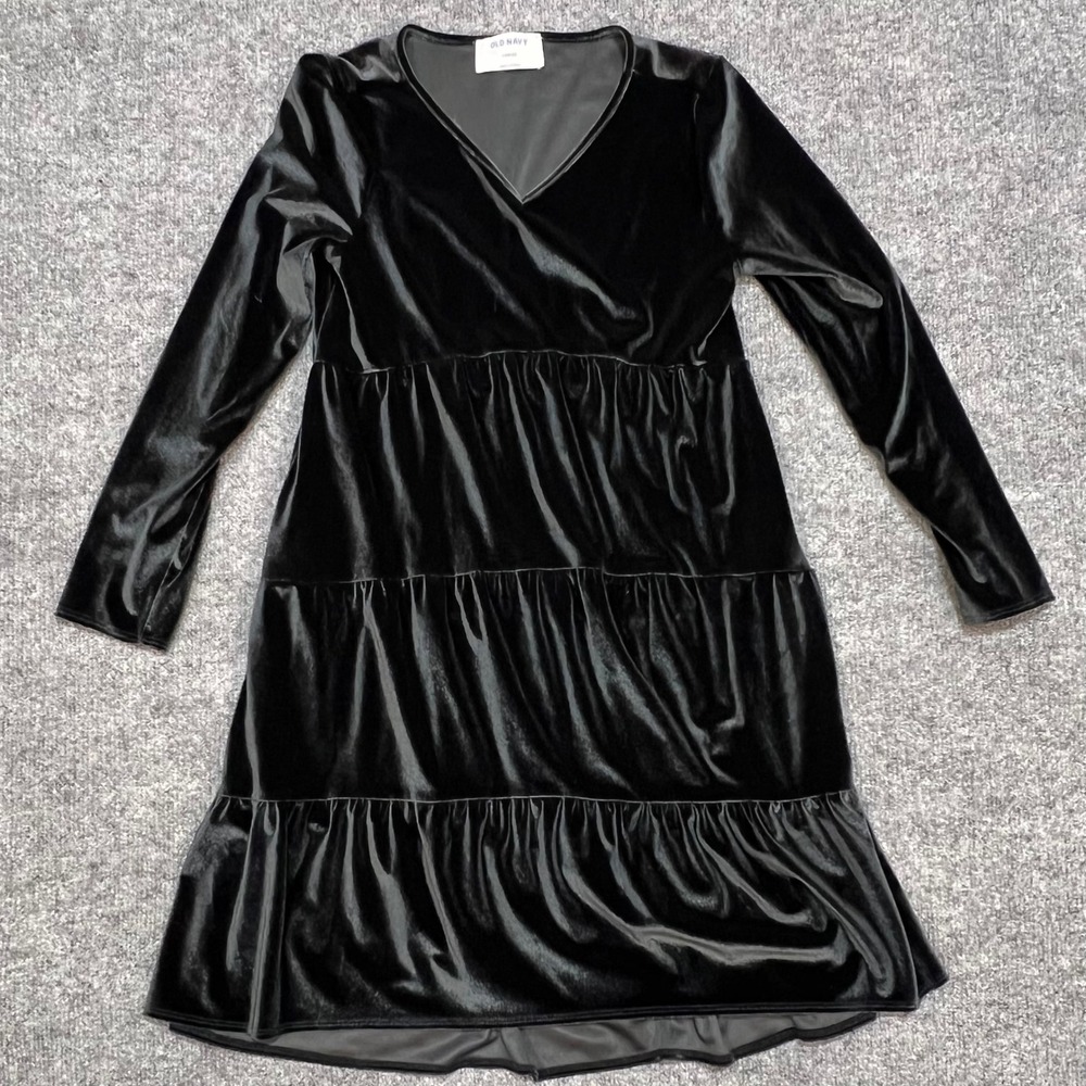 Old Navy Tiered Dress Kids L (10-12) Black Long Sleeve Velvet V-Neck Holiday